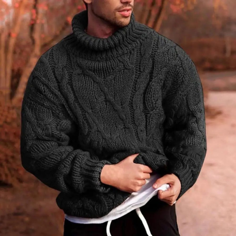 Chunky Cable Knit Turtleneck Sweater for Men - Black
