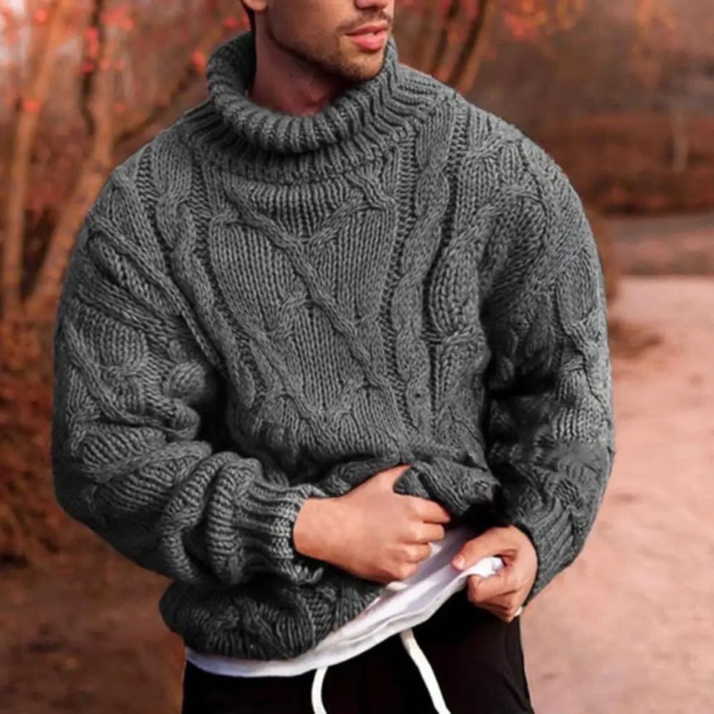 Chunky Cable Knit Turtleneck Sweater for Men - Gray