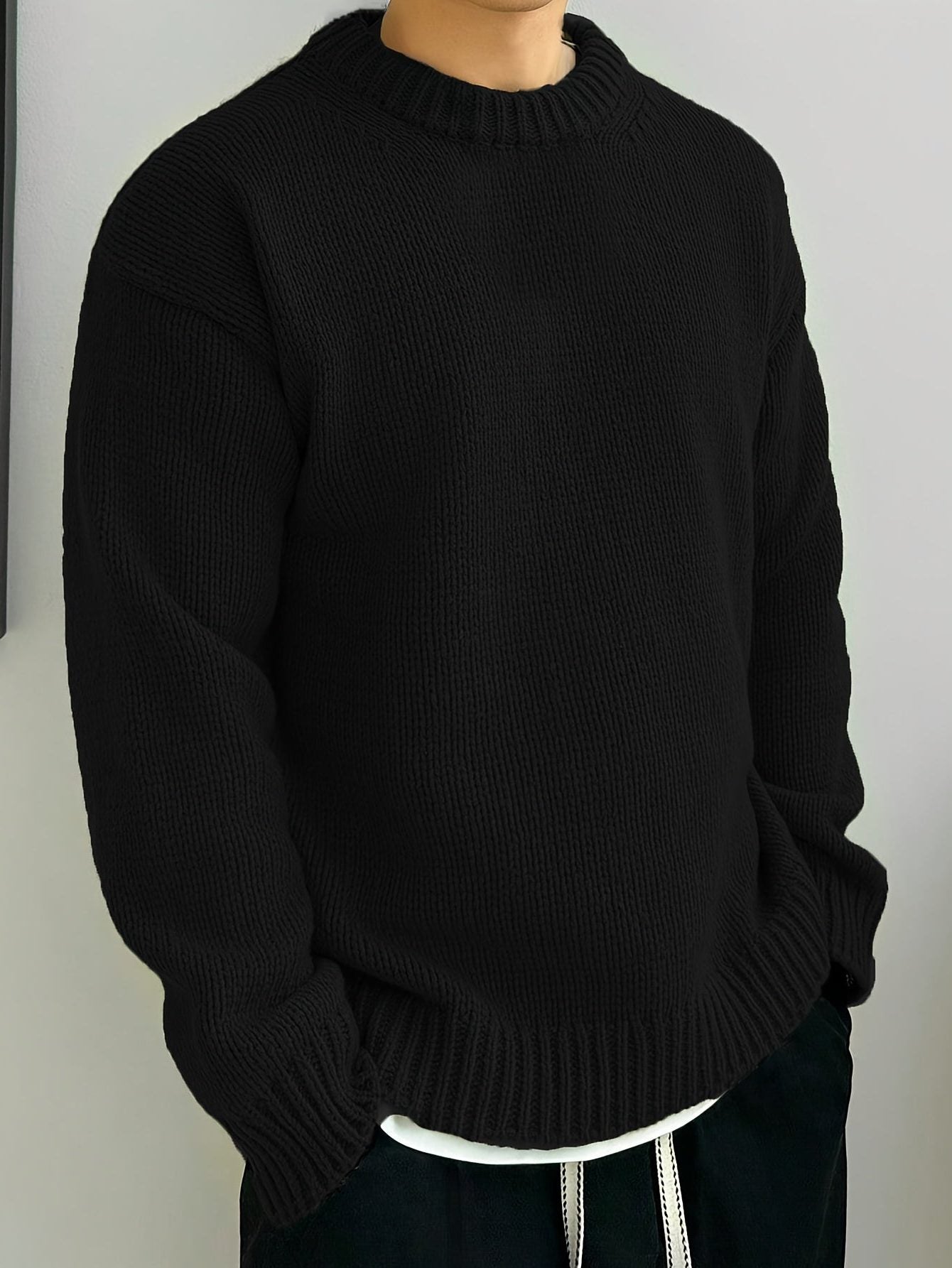 Chunky Knit Ribbed Crew Neck Sweater for Men