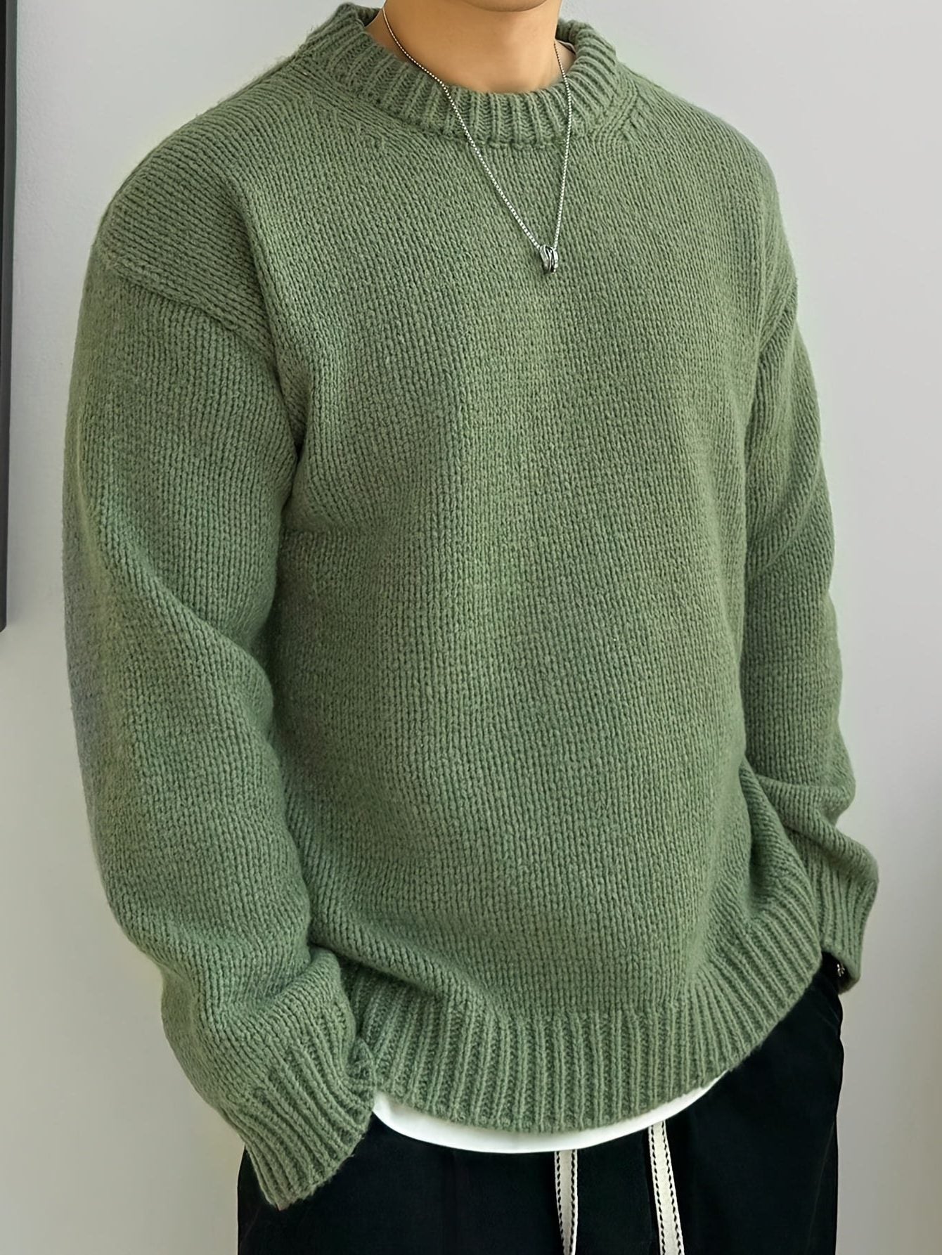 Chunky Knit Ribbed Crew Neck Sweater for Men - Green