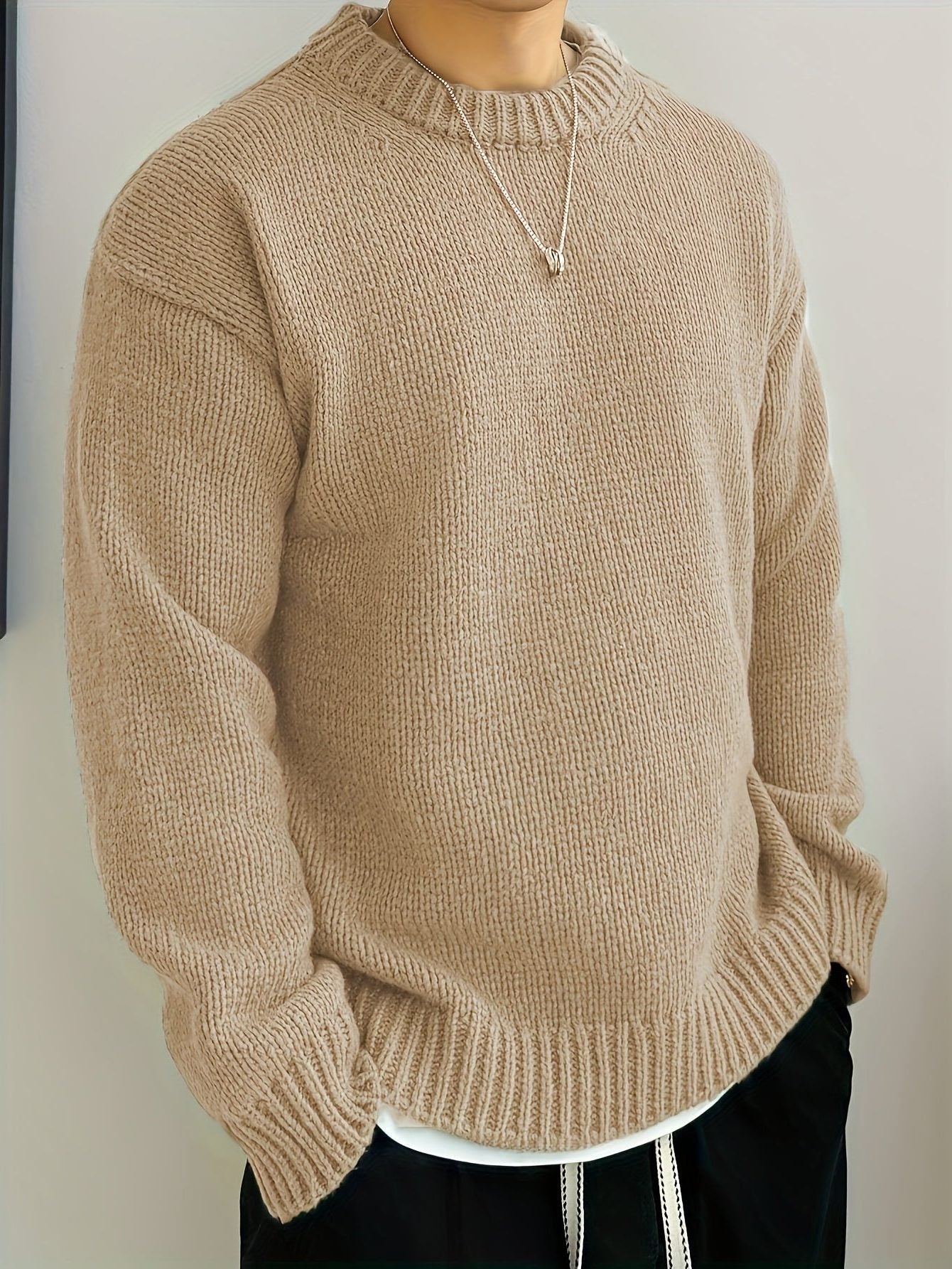 Chunky Knit Ribbed Crew Neck Sweater for Men - Apricot