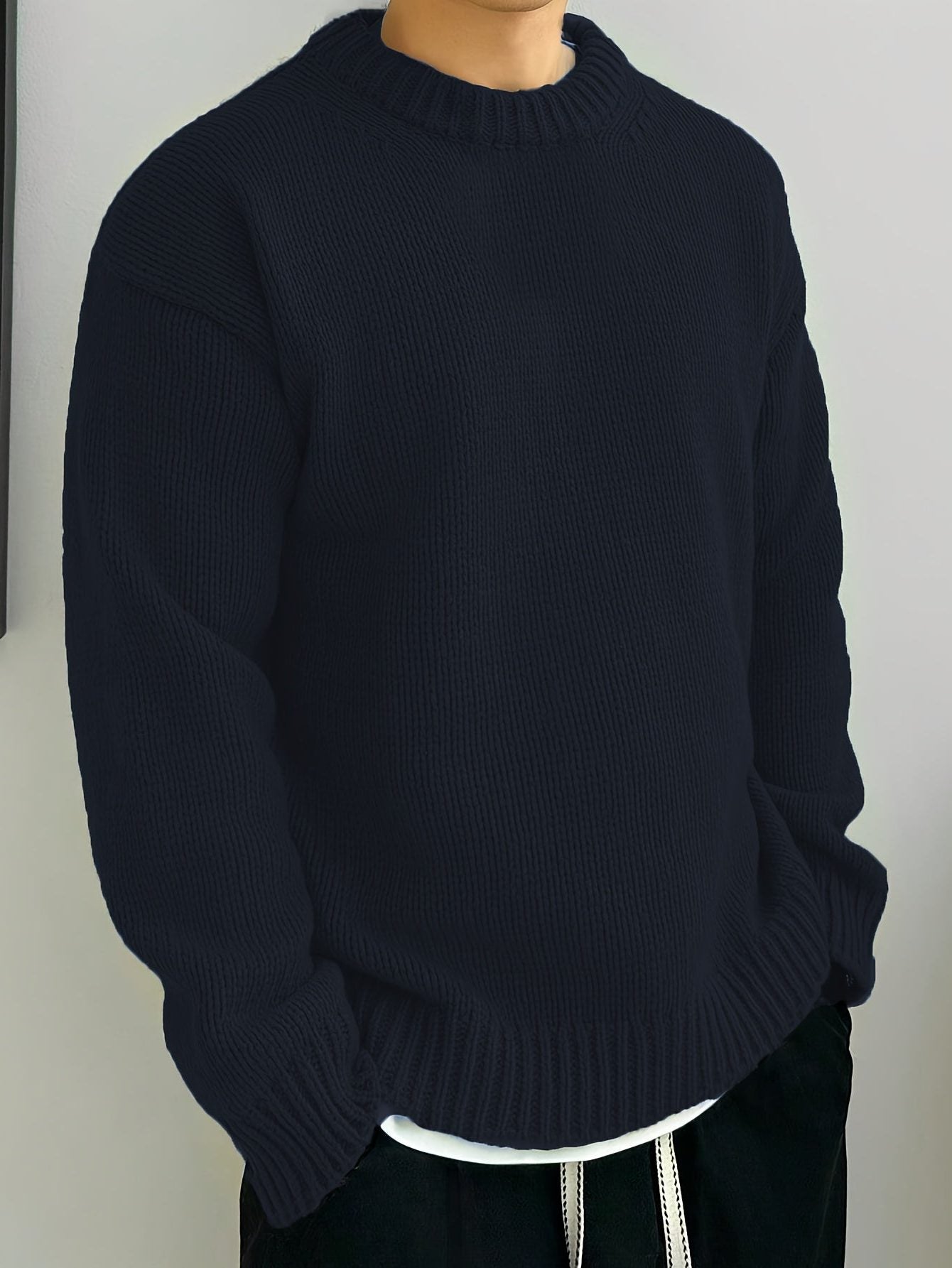 Chunky Knit Ribbed Crew Neck Sweater for Men - Navy blue