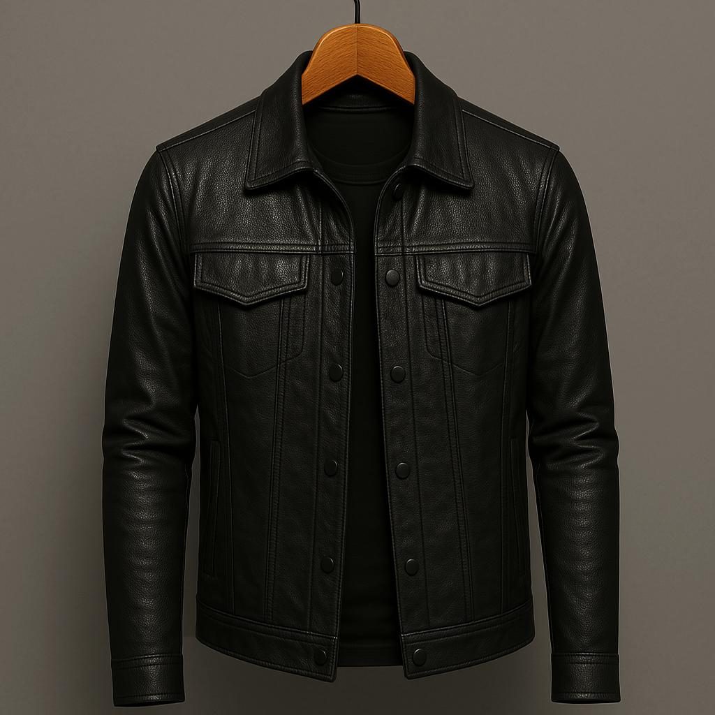 Collared Snap-Button Leather Jacket with Flap Pockets for Men