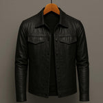 Collared Snap-Button Leather Jacket with Flap Pockets for Men