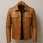 Collared Snap-Button Leather Jacket with Flap Pockets for Men - Brown