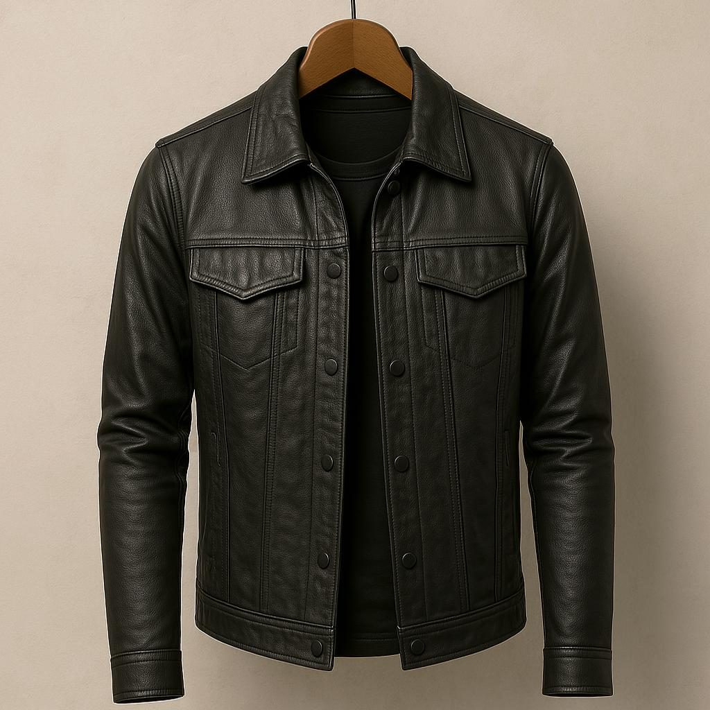 Collared Snap-Button Leather Jacket with Flap Pockets for Men - Dark Gray