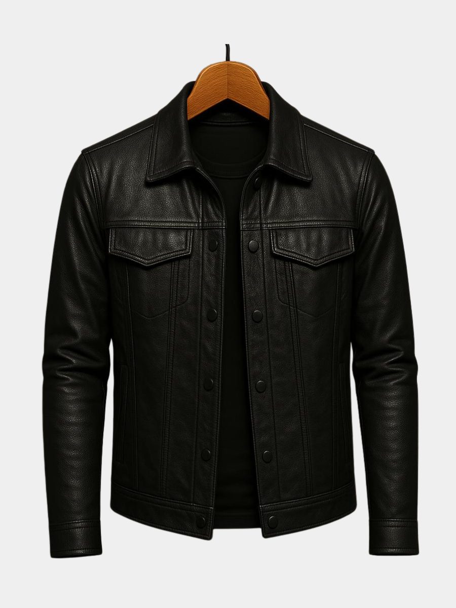 Collared Snap-Button Leather Jacket with Flap Pockets for Men - View 4