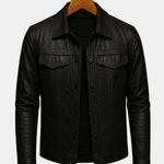Collared Snap-Button Leather Jacket with Flap Pockets for Men - View 4
