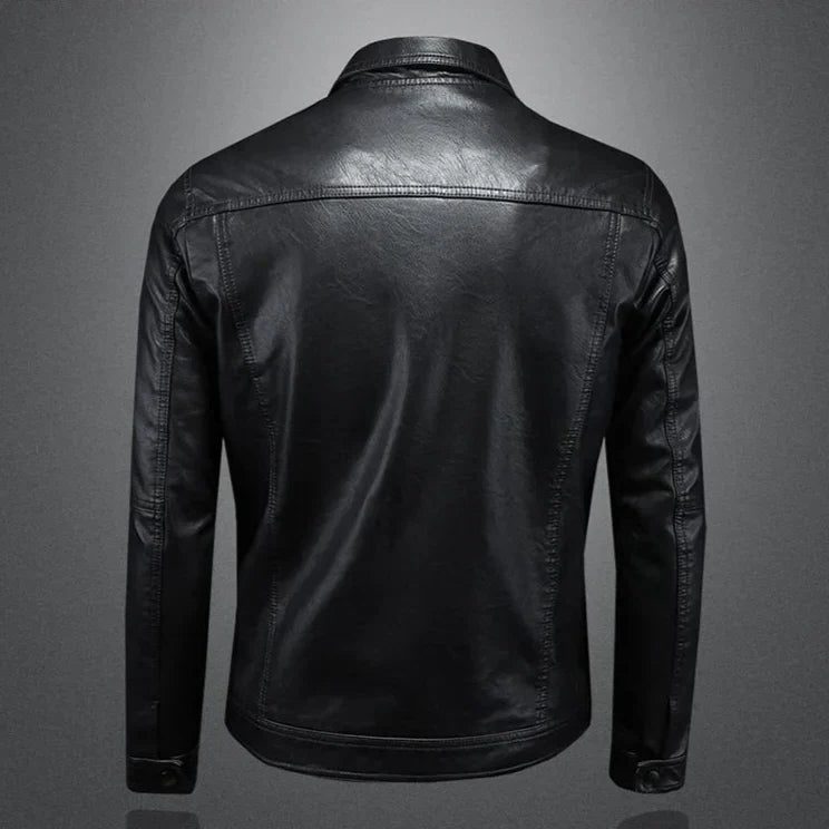 Collared Snap-Button Leather Jacket with Flap Pockets for Men - View 5