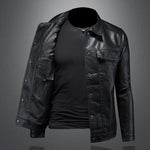 Collared Snap-Button Leather Jacket with Flap Pockets for Men - View 6