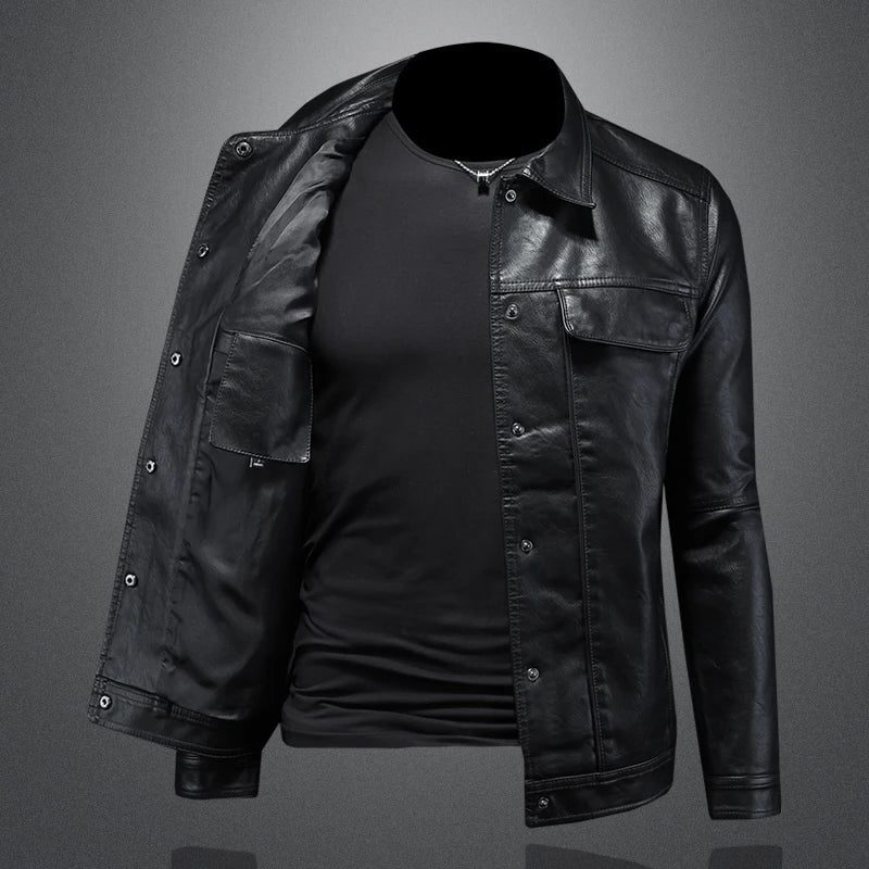 Collared Snap-Button Leather Jacket with Flap Pockets for Men - View 6