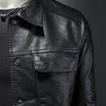 Collared Snap-Button Leather Jacket with Flap Pockets for Men - View 7