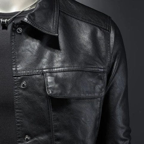 Collared Snap-Button Leather Jacket with Flap Pockets for Men - View 7