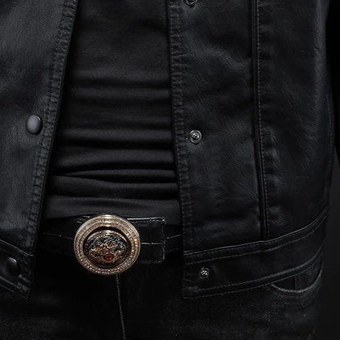 Collared Snap-Button Leather Jacket with Flap Pockets for Men - View 9