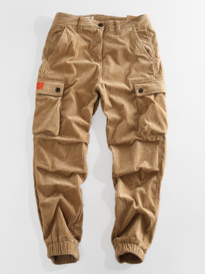 Corduroy Cargo Trousers with Multiple Pockets for Men