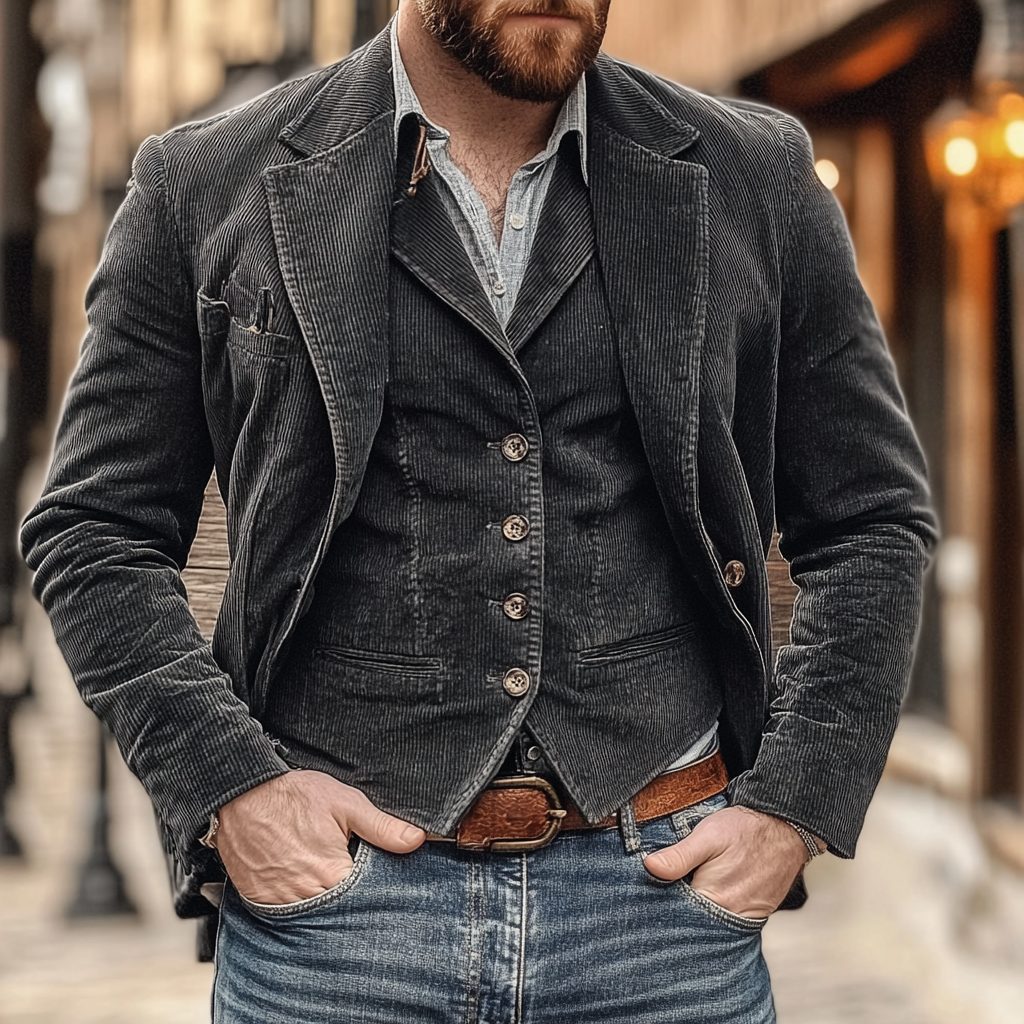 Corduroy Notch Lapel Blazer with Matching Vest for Men - Black