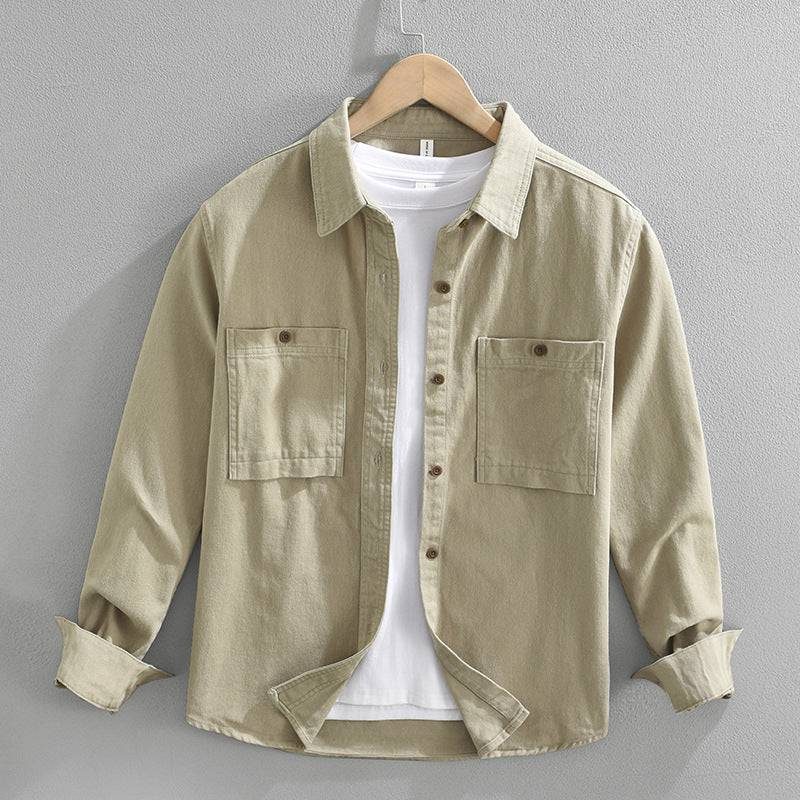 Cotton Button-Down Long Sleeve Shirt with Chest Pockets for Men