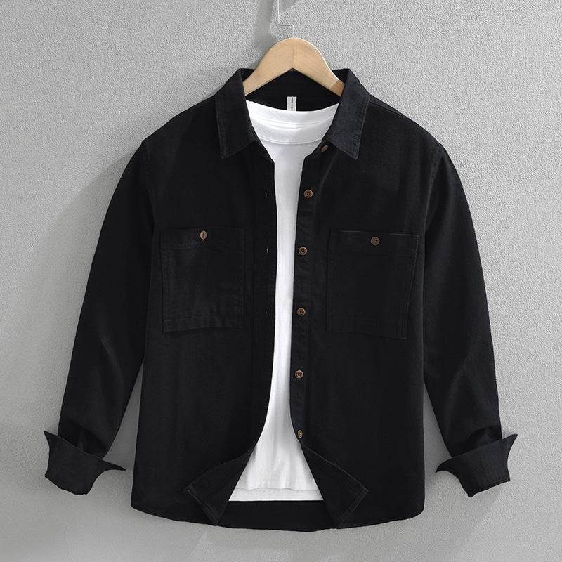 Cotton Button-Down Long Sleeve Shirt with Chest Pockets for Men - Black