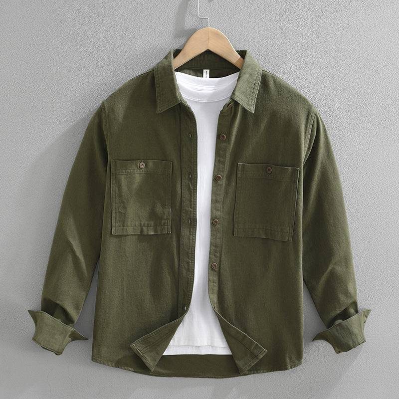 Cotton Button-Down Long Sleeve Shirt with Chest Pockets for Men - Olive