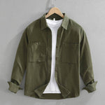Cotton Button-Down Long Sleeve Shirt with Chest Pockets for Men - Olive