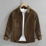Cotton Button-Down Long Sleeve Shirt with Chest Pockets for Men - Dark Brown