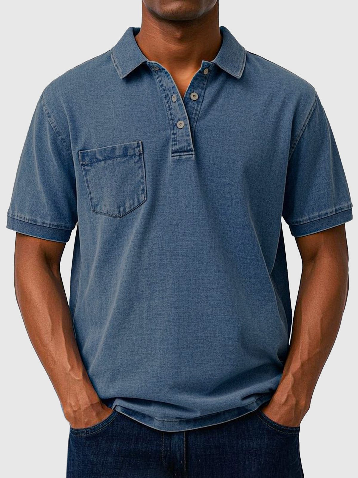 Cotton-Denim Chest Pocket Polo Shirt for Men - Navy Blue