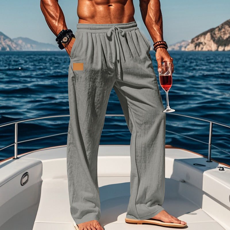Cotton Drawstring Straight Leg Trousers for Men - Gray