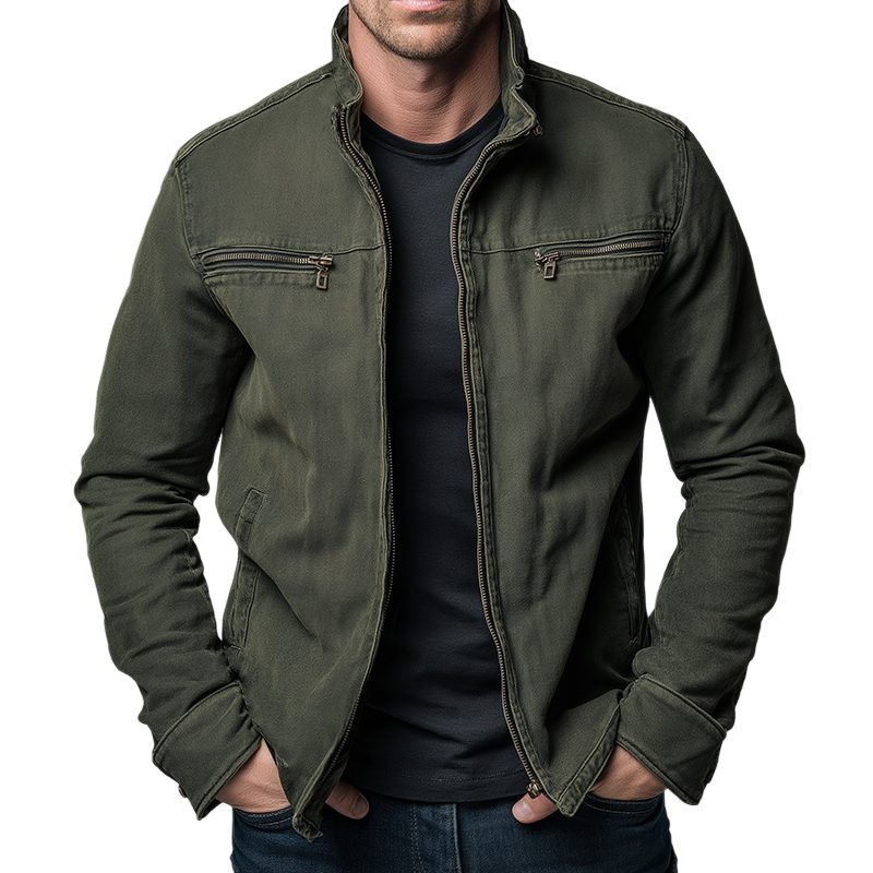 Cotton Stand Collar Jacket with Zip Pockets for Men - Army Green