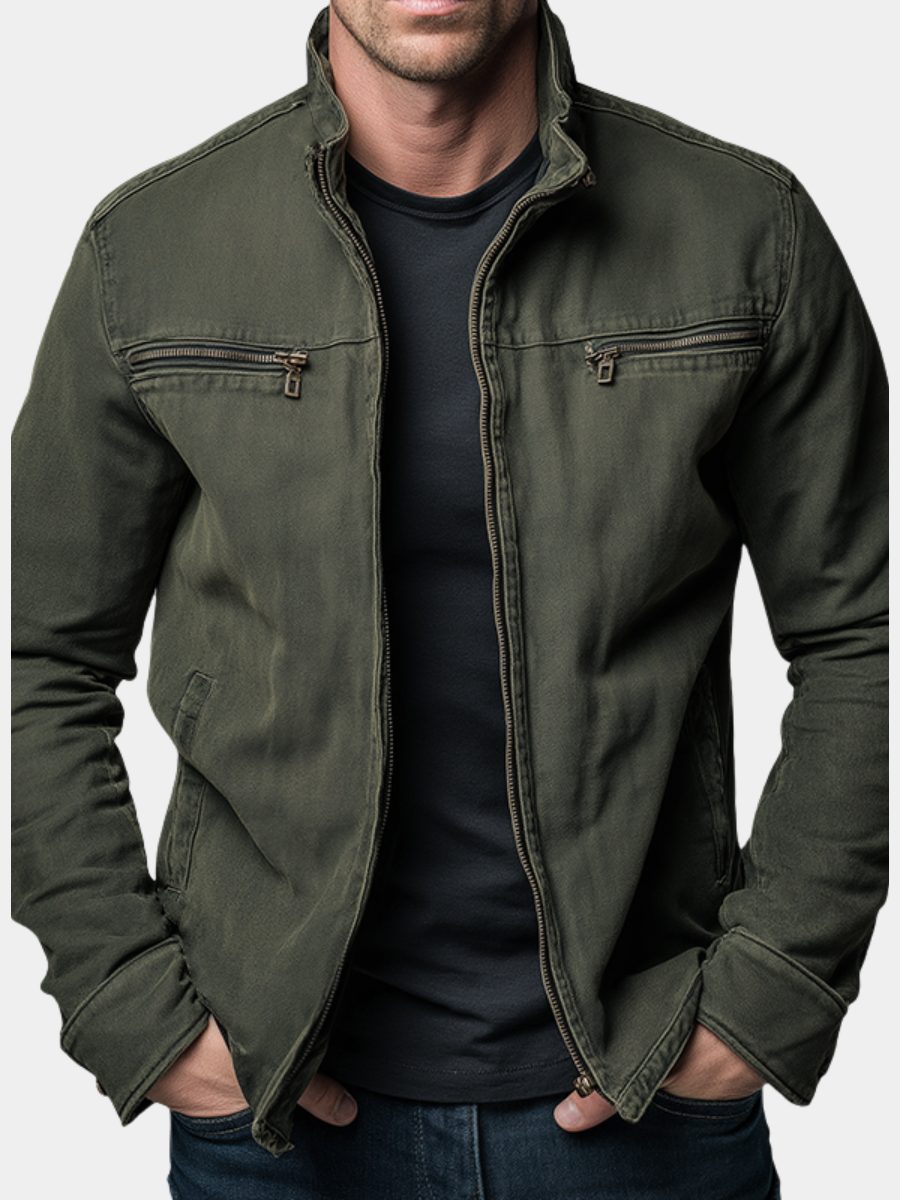 Cotton Stand Collar Jacket with Zip Pockets for Men