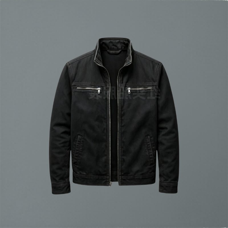 Cotton Stand Collar Jacket with Zip Pockets for Men - Black
