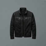 Cotton Stand Collar Jacket with Zip Pockets for Men - Black