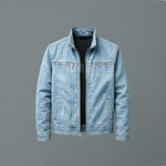 Cotton Stand Collar Jacket with Zip Pockets for Men - Blue