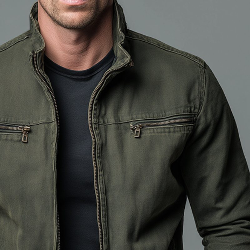 Cotton Stand Collar Jacket with Zip Pockets for Men - View 6