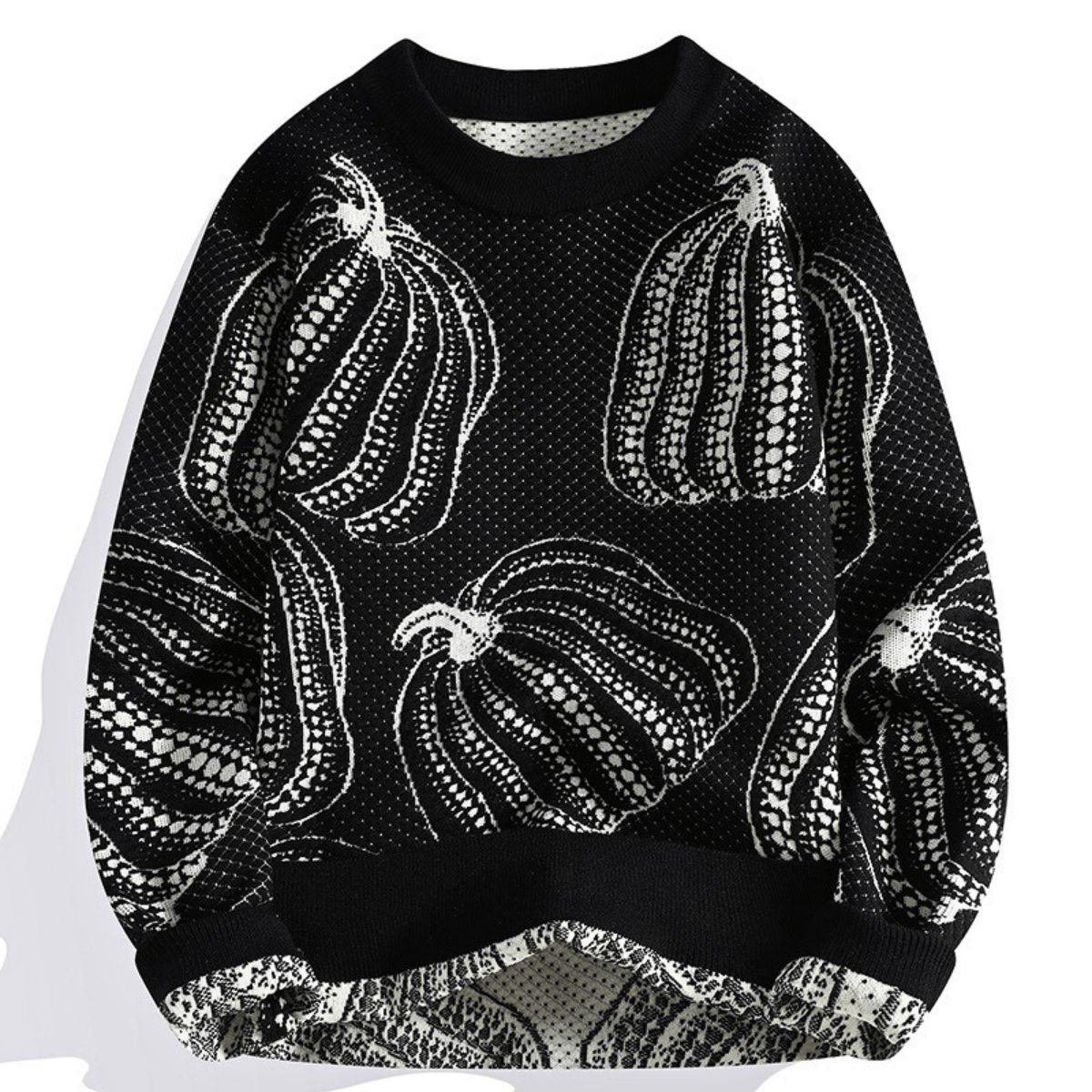 Crew Neck Knit Sweater with Pumpkin Pattern for Men - Black