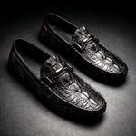 Croc-Embossed Leather Shoes with Metal Bit Slip-On Driving Loafers for Men - Black