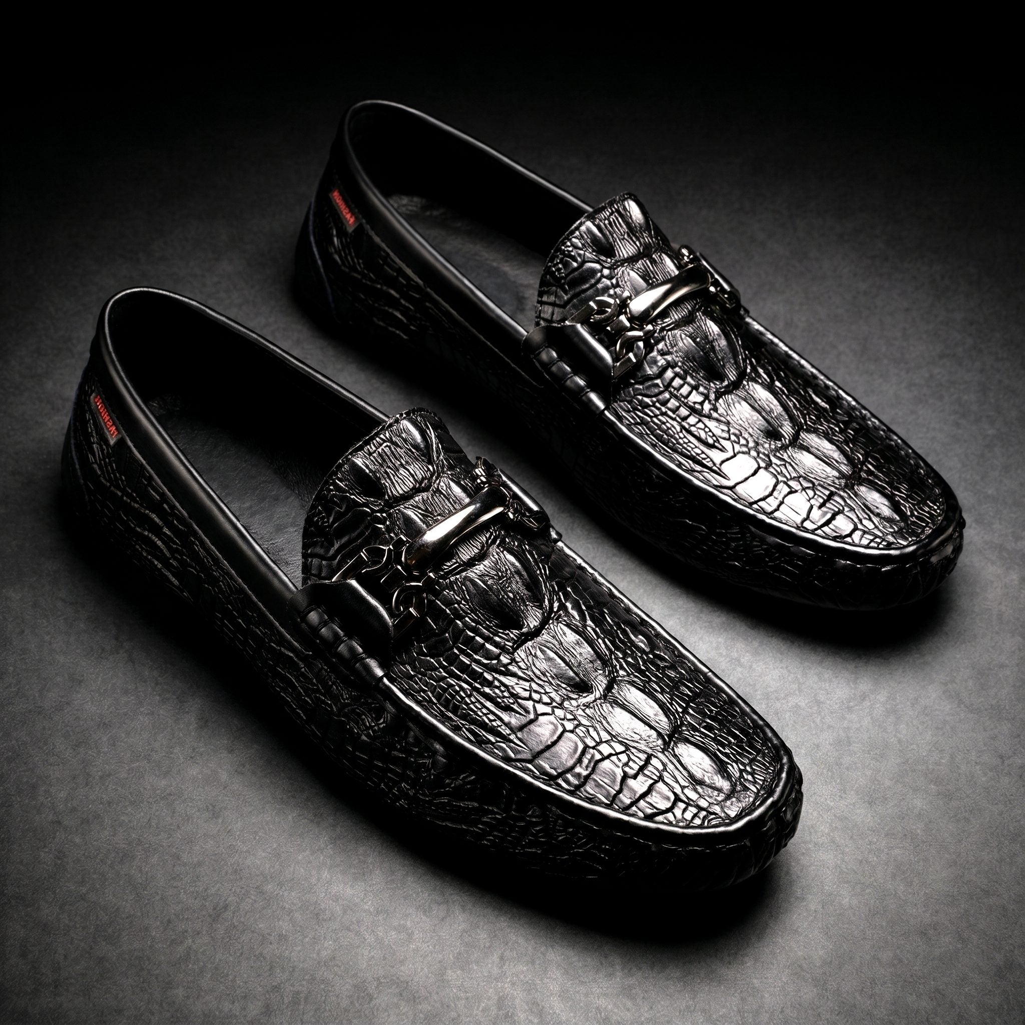Croc-Embossed Leather Shoes with Metal Bit Slip-On Driving Loafers for Men - Black