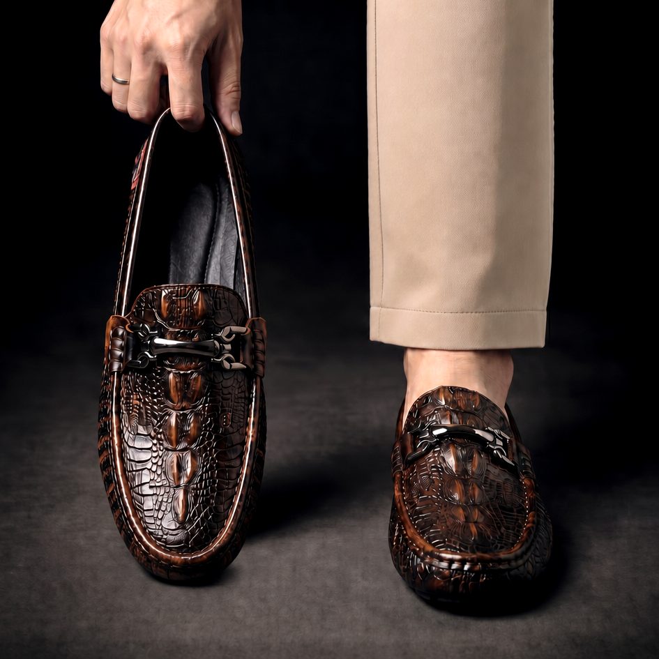 Croc-Embossed Leather Shoes with Metal Bit Slip-On Driving Loafers for Men - View 2