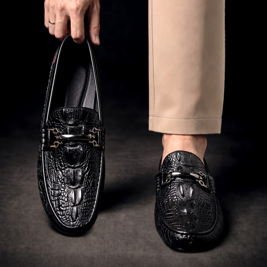 Croc-Embossed Leather Shoes with Metal Bit Slip-On Driving Loafers for Men - View 6