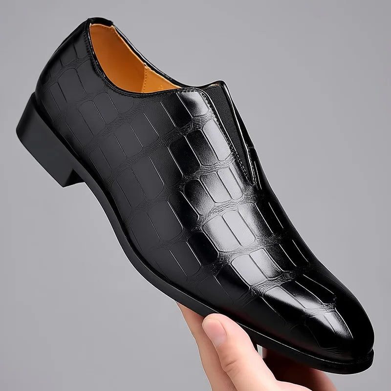 Crocodile Embossed Leather Loafers for Men - Black