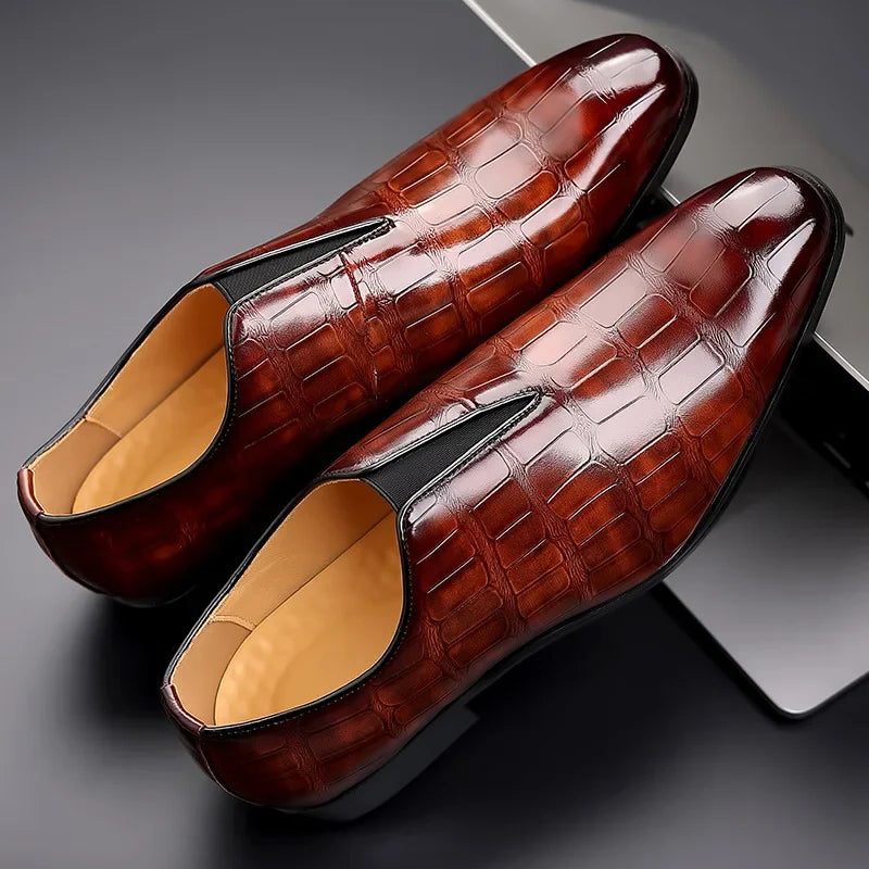 Crocodile Embossed Leather Loafers for Men - View 4