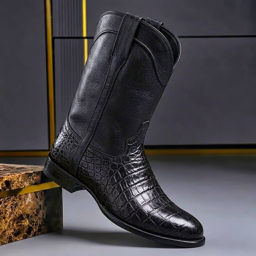 Crocodile Embossed Leather Western Boots for Men - Obsidian Black
