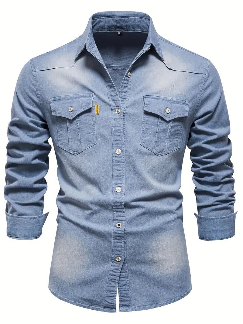 Button-Down Denim Shirt for Men - Light Blue