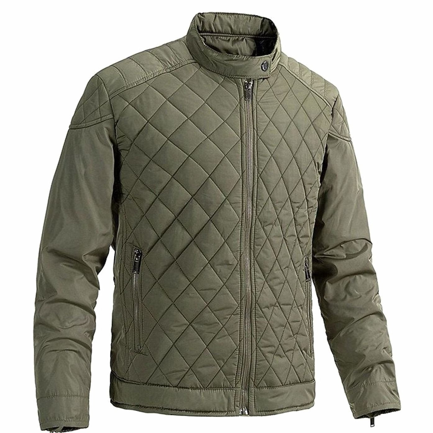 Diamond-Quilted Stand Collar Jacket for Men - Army Green