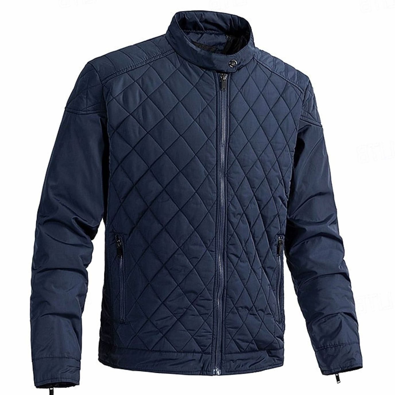 Diamond-Quilted Stand Collar Jacket for Men - Dark Blue
