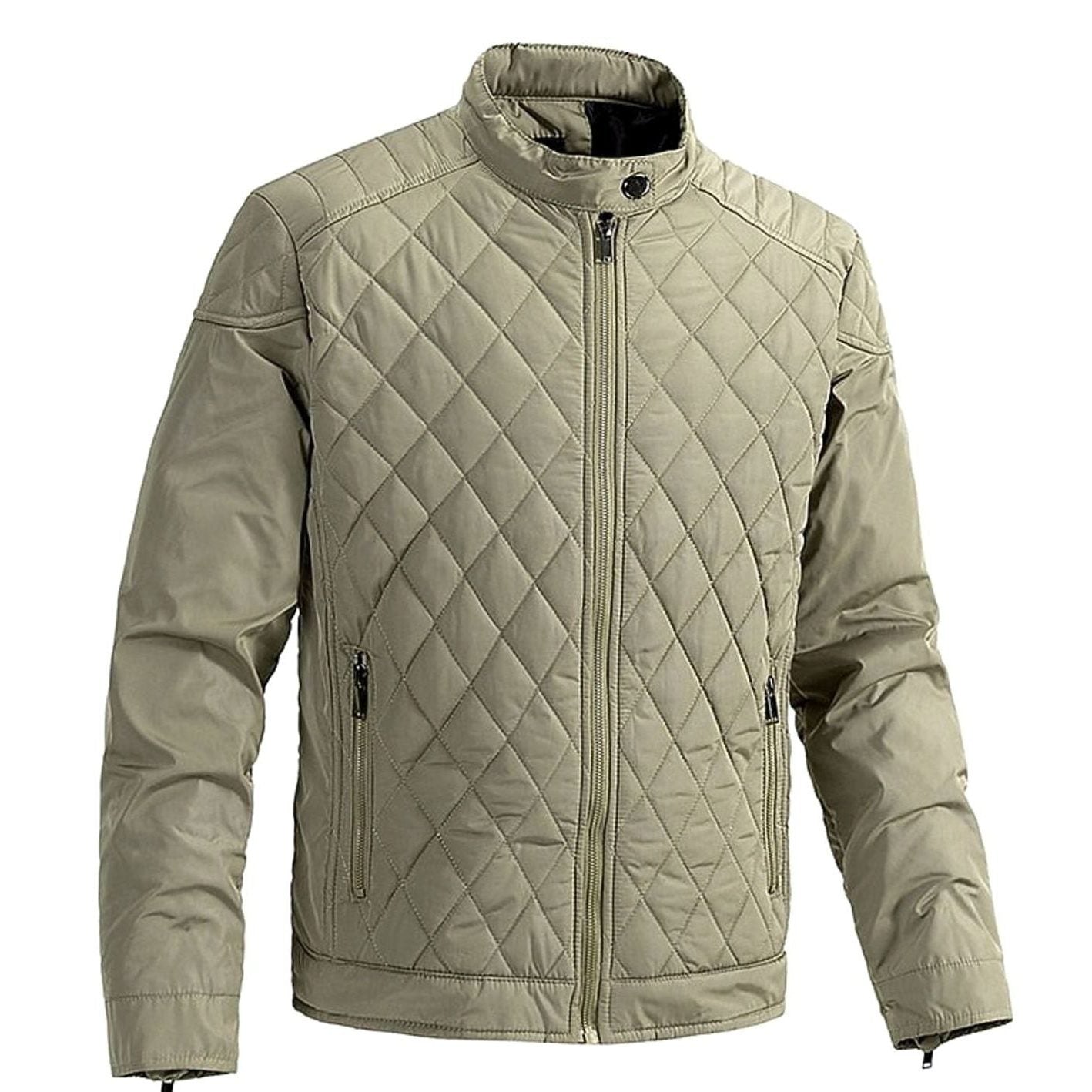 Diamond-Quilted Stand Collar Jacket for Men - Khaki