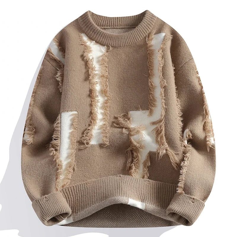 Distressed Frayed Knit Pullover for Men - Taupe