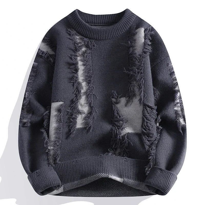 Distressed Frayed Knit Pullover for Men - Gray