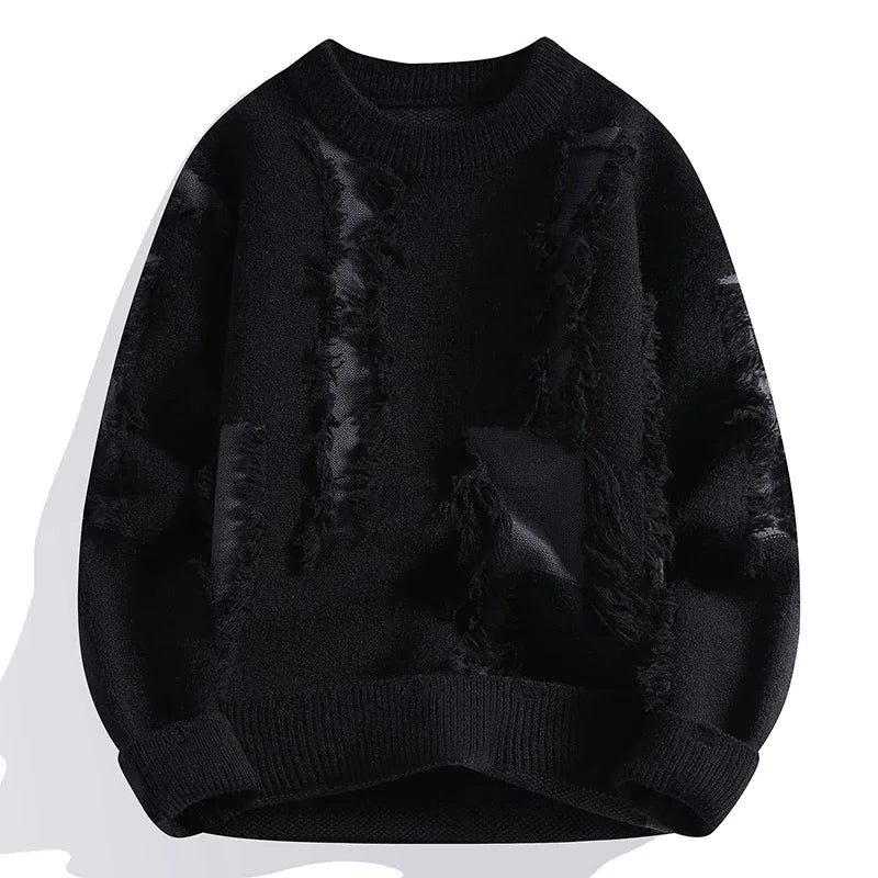 Distressed Frayed Knit Pullover for Men - Black