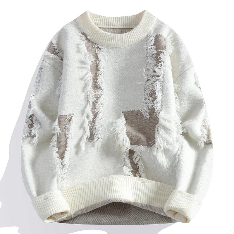 Distressed Frayed Knit Pullover for Men - White
