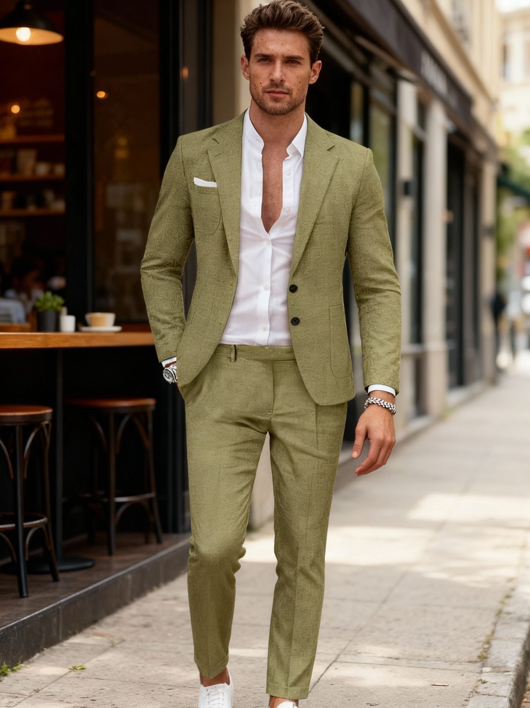 Double-Breasted Linen Blazer Suit Set for Men